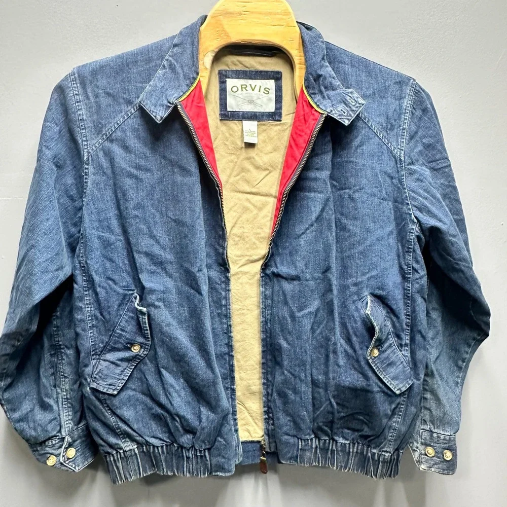 Orvis Mens Large Denim Harrington Jacket Blue Cotton Full Zip Bomber Mock Neck - Picture 10 of 11